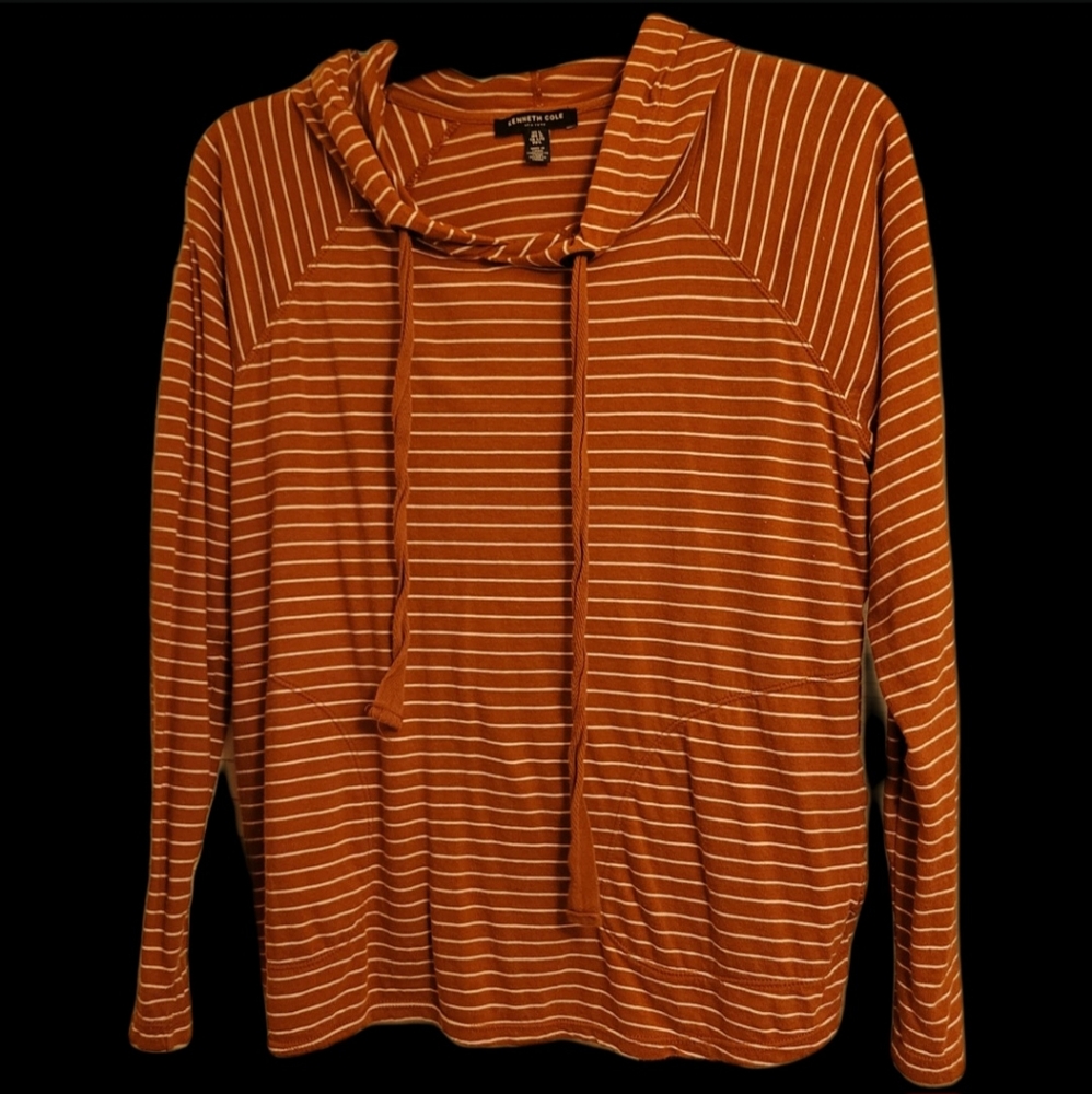 Kenneth Cole New York Rust Orange & White Hoodie Pullover Sweater Pockets Large